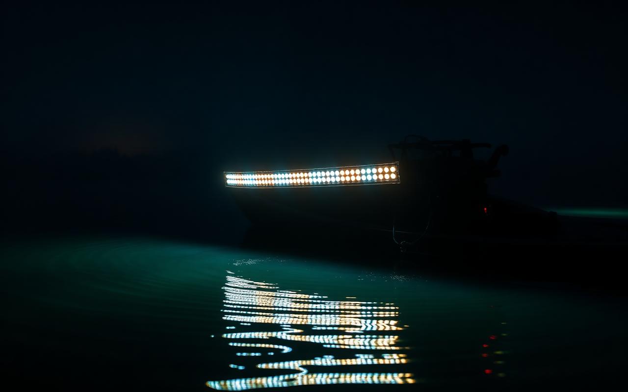 Bowfishing boat lights reflecting on dark water at night